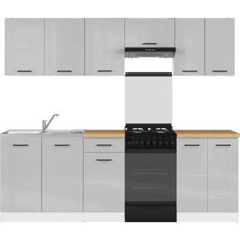 Kuchyňská linka Kuchyňská linka Junona Line 230 cm s pracovní deskou - Black Red White - BRW Bílá - světle šedý lesk 230x cm