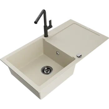 Granitový dřez Mexen Leo, 1-komorový granitový dřez 900x500x190 mm a dřezová baterie Flora, béžová, 6501-69-670401-70-B