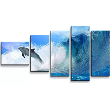 Obraz Sablio Obraz - 5-dílný Delfíni ve vlnách - 100x60 cm