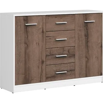 Komoda Prostorná komoda s dvířky a zásuvkami do obývacího pokoje Nepo Plus - Black Red White - BRW Bílý / dub Monastery 119x84 cm