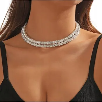 Náhrdelník CHOKER se zirkony, lesklý, 30 cm, 2 řady zirkonů, stříbrný, VEČERNÍ