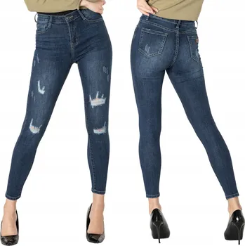 Dámské džíny Džíny Dámské Úzké Nohavice s Vysokým Pasem Strečové S Oděrkami a Děrami R700 L/40