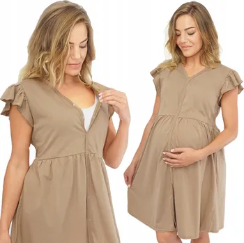 Dámská noční košile Béžová těhotenská KOSZULA noční pro porod a kojení vel. XXL, se zapínáním druky