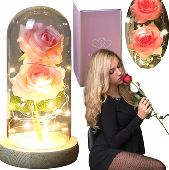 umělá květina KRÁSNÁ UMĚLÁ STABILIZOVANÁ RŮŽE KRÁSKA A ZVÍŘE LED KRÁSNÝ DÁREK PRO ŽENU