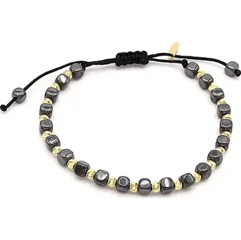 Náramek Náramek černý provázek s šedými kostičkami a zlatými kuličkami