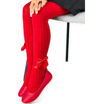 Červené punčocháče s mašličkou, bavlněné žebrované, elegantní Noviti, velikost 128-134 cm