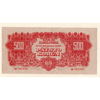 Československo – 500 korun 1944 S. AB, perforace 2x „SPECIMEN“