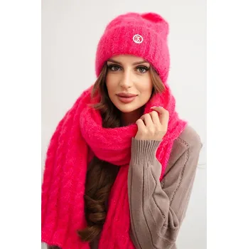Šála Polski Dámská souprava čepice a šály s proužkem s ozdobou Barva: Růžová, Velikost: UNI