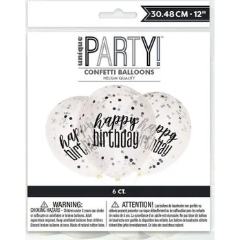 Balónek Balónek transparentní 30cm potisk Happy birthday - černostříbrné konfety, 6ks
