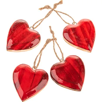 Vánoční ozdoba Dřevěné závěsné srdce, sada 4ks, červená