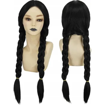 Karnevalová paruka Paruka Wednesday Addamsová ČERNÁ - pro ženy a dívky, přirozený vzhled