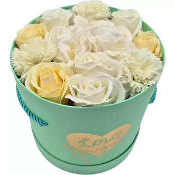 Mýdlo Lumiere Mýdlová kytice | Flower Box Mint (Elegantní mintový flower box plný voňavých mýdlových růží, pivoněk a karafiátů, které nikdy nezvadnou a promění každý okamžik v krásnou vzpomínku. Průměr boxu 18cm, výška 19cm)