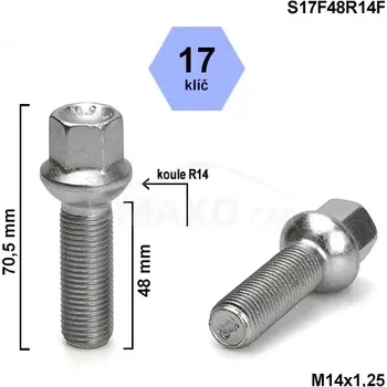 Šroubek na kolo Kolový šroub M14x1,25x48 kulová R14, klíč 17