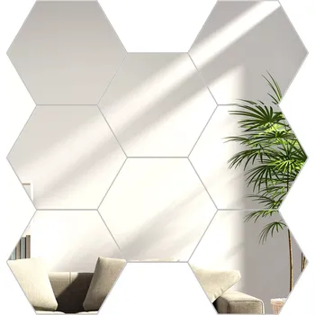 Zrcadlo ModernClock Hexagon nástěnné samolepící zdrcadlo stříbrné 8 ks