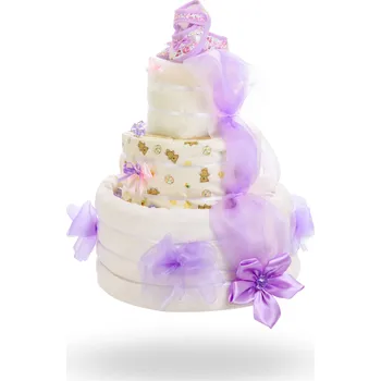 Přebalování Plenkovky.cz Třípatrový plenkový dort pro dívky – žluto fialkový