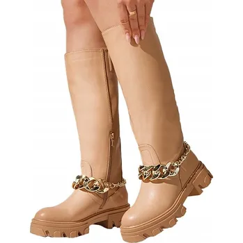 Dámské kozačky QT20 CAMEL HNĚDÉ KOZAČKY S ŘETÍZKEM SUDZI 37