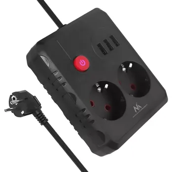 Prodlužovací kabel Prodlužovací lišta s 2 zásuvkami a 3× USB, 2500 W, 1,5 m, černá