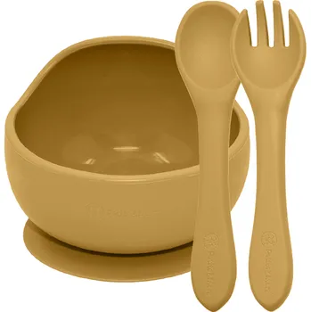PETITE&MARS Set jídelní silikonový TAKE&MATCH 2 ks miska + příbor Intense Ochre 6m+