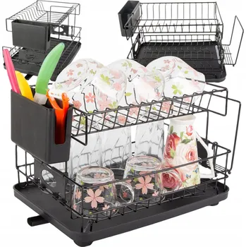 Odkapávač na nádobí ODKAPÁVAČ NA NÁDOBÍ DVOUÚROVŇOVÝ S TÁCEM NA TALÍŘE PŘÍBORY HRNKY