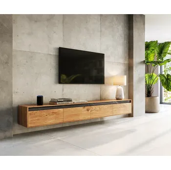 Televizní stolek DELIFE Designový TV stolek Stonegrace 240 cm akácie přírodní břidlice 4 dvířka závěsný