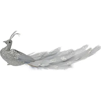 Vánoční ozdoba Clayre & Eef Stříbrný ptáček páv s peříčky a třpytem na klipu - 30*9*9 cm
