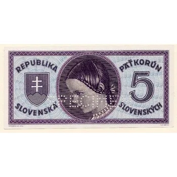 Slovensko – 5 koruna b.d. (1945) s D 02, perforace 1× SPECIMEN