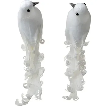 Clayre & Eef 2ks bílá dekorace ptáček s peříčky na klipu - 19*9*10 cm