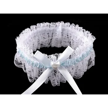 Svatební dekorace Svatební podvazek krajkový šíře 5 cm se srdcem - 3 bílá modrá světlá