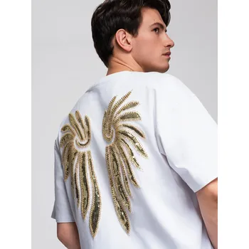 Pánské bavlněné tričko s flitrovým motivem křídel na zádech - bílé V2 OM-TSCT-0289 - L