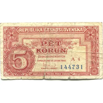 ČESKOSLOVENSKO. 5 korun 1949. Série A 4. Hej. 83a1.