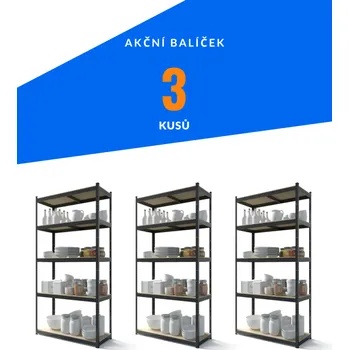 Dílenský regál SMARTREGALY Akční balíček - 3x Kovový regál 180x40x40cm, lakovaný - černý, 5-policový, nosnost 875kg