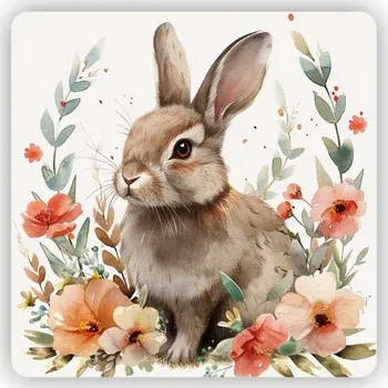 Dekorativní magnet Magnetka 65x65mm ve tvaru čtverce - králíček mezi květinami