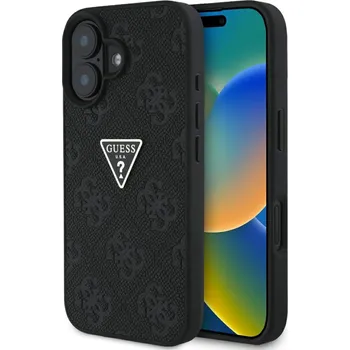 Pouzdro na mobilní telefon Guess Leather Hot Stamp 4G Pattern Triangle Metal Logo iPhone 16 černá