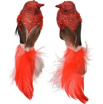 2ks červená dekorace ptáček s peříčky na klipu - 16*5*5 cm