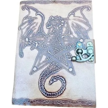 Dračí deník s pentagramem – celokožený ručně šitý zápisník s ražbou okřídleného draka v pentagramu, 200 nelinkovaných stran, kovová spona.