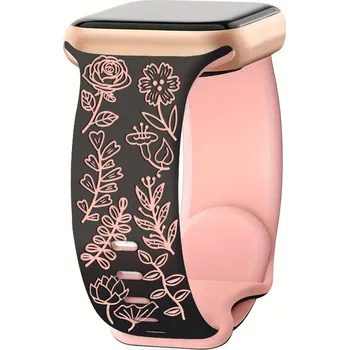 Příslušenství k chytrým hodinkám Gravírovaný řemínek květiny pro Apple Watch 42/44/45/46/49mm Barva: Černo-Růžový