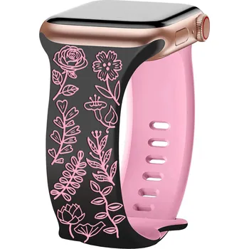 Příslušenství k chytrým hodinkám Gravírovaný řemínek květiny pro Apple Watch 42/44/45/46/49mm Barva: Černo-tmavěrůžový