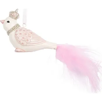 Vánoční dekorace Bílo-růžová závěsná dekorace ptáček s peříčkovým ocáskem - 8*5*5 cm
