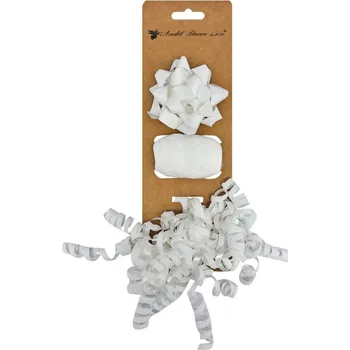 Stuha Sada na balení dárků bílá, rozeta 7 x 3,5 x 7 cm, stuha 0,5 cm x 10 m, kudrlina s lepíkem