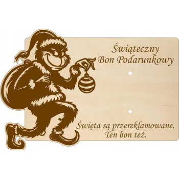 Vánoční dekorace Dárkový poukaz Grinch s vtipným textem – dřevěná vánoční dekorace