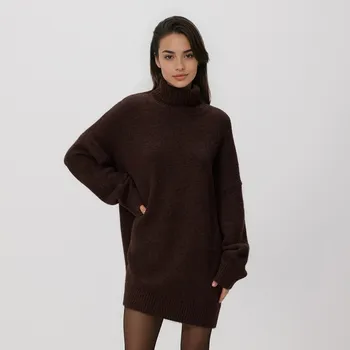 Dámský svetr Reserved - Dlouhý rolákový svetr - tmavě hnědá - 151GS-89M - 151GS-89M-XL