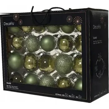 Vánoční dekorace Vánoční Koule skleněná zelená lesklá/matná/s brokátovým zdobením (5 cm, 6 cm, 7 cm) 42 ks