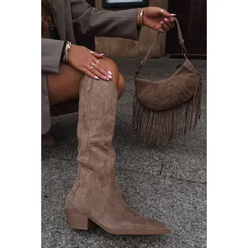 Dámské kozačky Boto Eko semišové kozačky kovbojky dámské na podpatku Jenaya Barva: Béžová, Velikost: 40