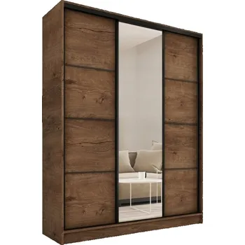 Šatní skříň Šatní skříň HARAZIA 150 se zrcadlem, 4 šuplíky a 2 tyčemi, dub lefkas