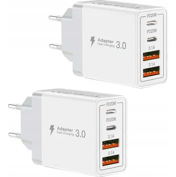 2 ks Kompaktní rychlonabíječka se 4 porty 2xUSB USB-C PD+QC 3A 40W bílá