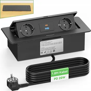 Elektrická zásuvka Výsuvná zásuvka HANNELORE USB-C PD20W hliníková, vestavná do desky, černá