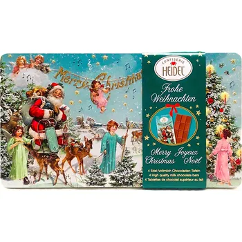 Bonboniéra HEIDEL FROHE WEIHNACHTEN - mléčná čokoláda v plechové krabičce - 4ks 120g ( š.21xh.1,5xv.12cm)