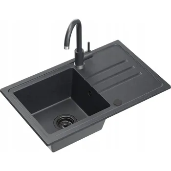 Granitový dřez Jednokomorový granitový dřez Quadron ČERNÝ + SIFON + ČERNÁ BATERIE