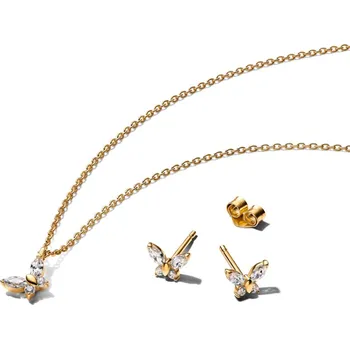 Náušnice PANDORA SET pozlacený náhrdelník Třpytivý motýl a náušnice