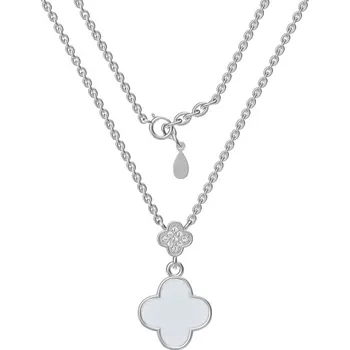 Náhrdelník Argento 92080 Stříbrný náhrdelník - čtyřlístek, perleť, čiré kulaté zirkony, délka 43 až 46 cm